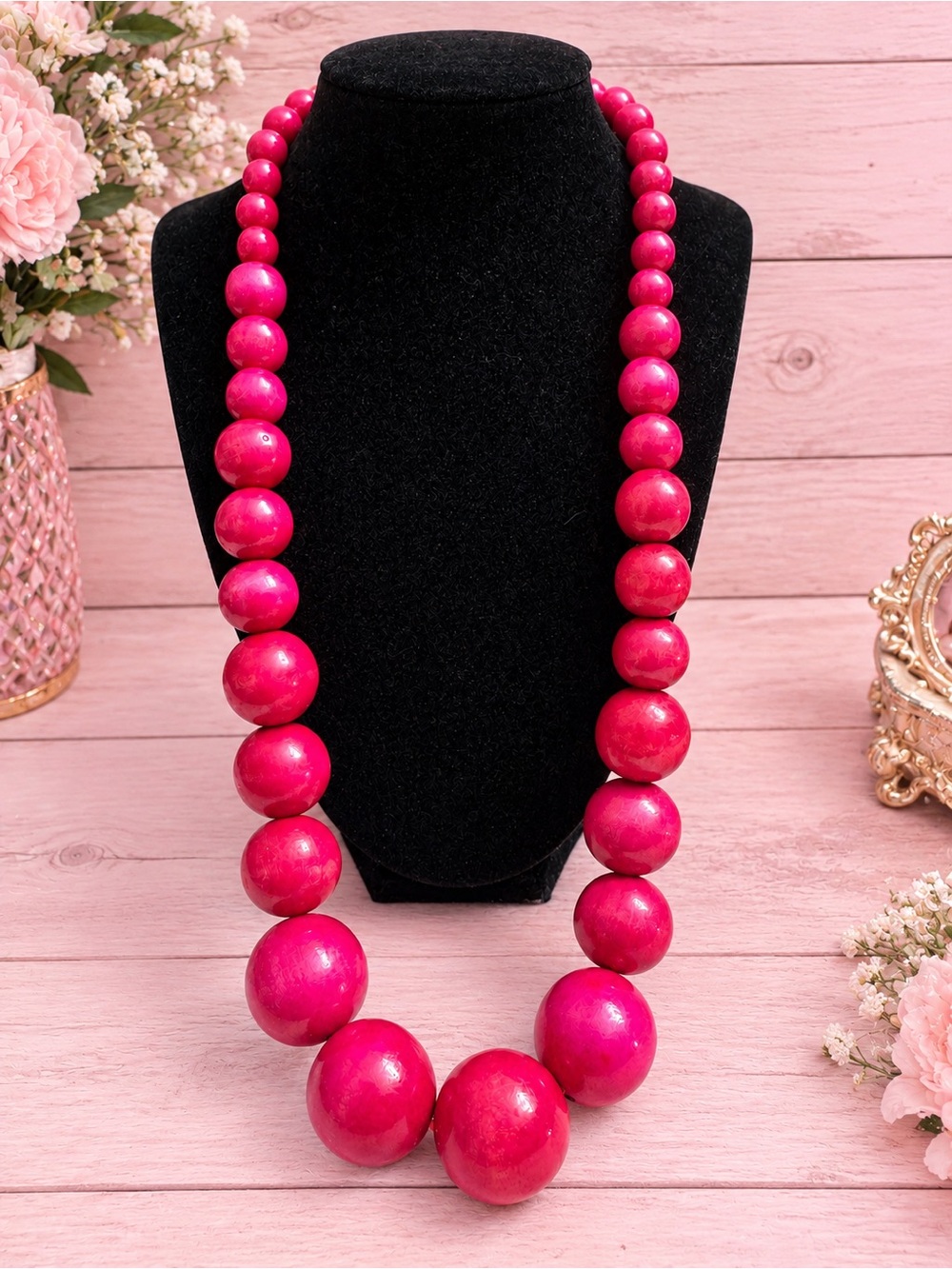 Statement Hot Pink Wood Necklace - Women Jewelry